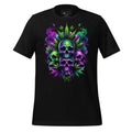 Black t-shirt with colorful cannabis skull and leaf design on a wooden surface, featuring the brand 'StayClothed'.