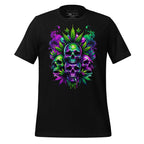 Black t-shirt with colorful cannabis skull and leaf design on a wooden surface, featuring the brand 'StayClothed'.