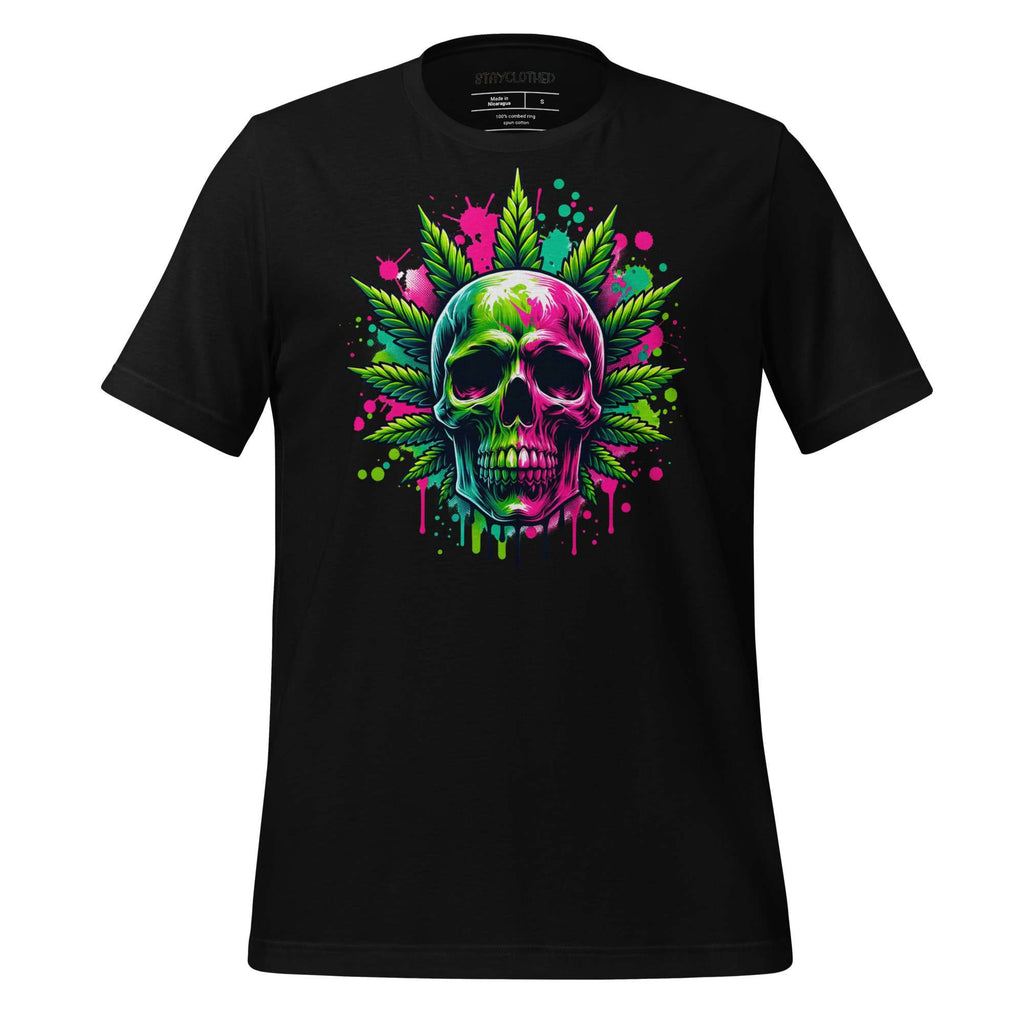 Black t-shirt with colorful skull and cannabis leaf design on a wooden surface, featuring the brand 'StayClothed'.