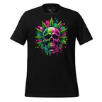 Black t-shirt with colorful skull and cannabis leaf design on a wooden surface, featuring the brand 'StayClothed'.