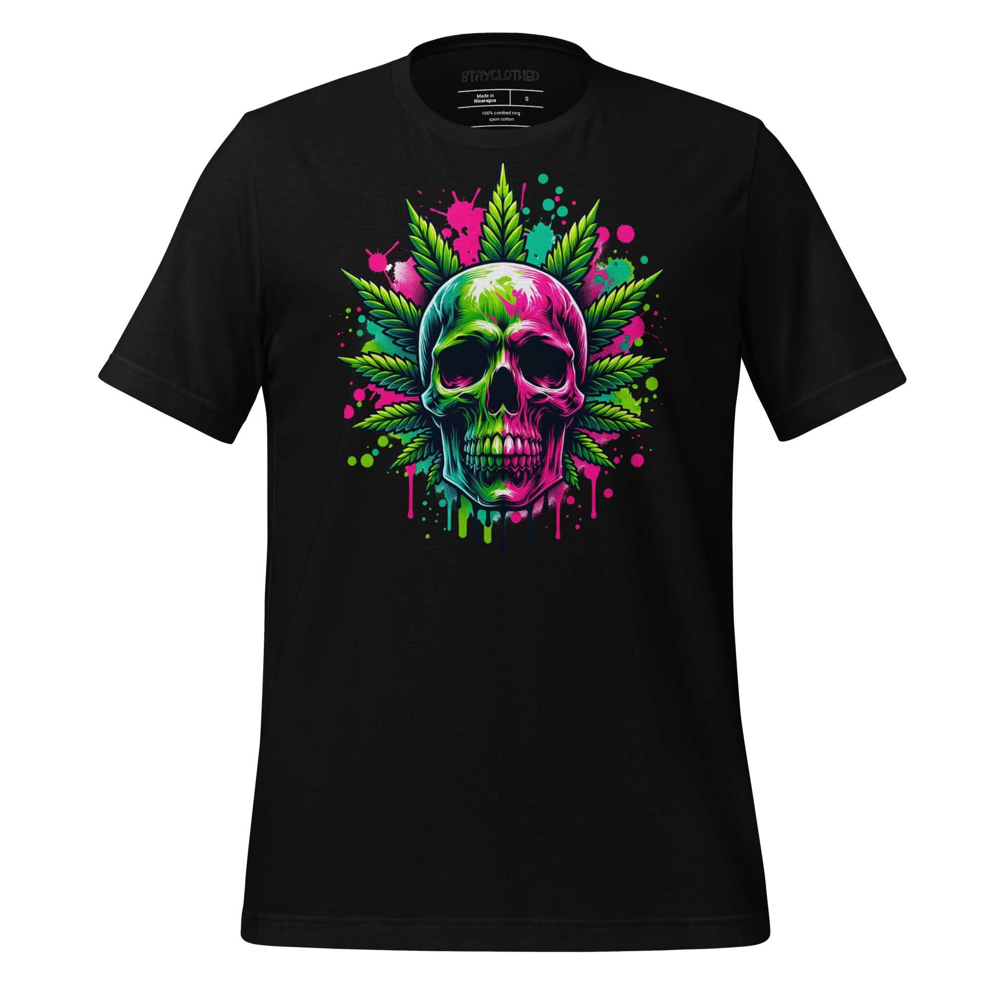 Black t-shirt with colorful skull and cannabis leaf design on a wooden surface, featuring the brand 'StayClothed'.