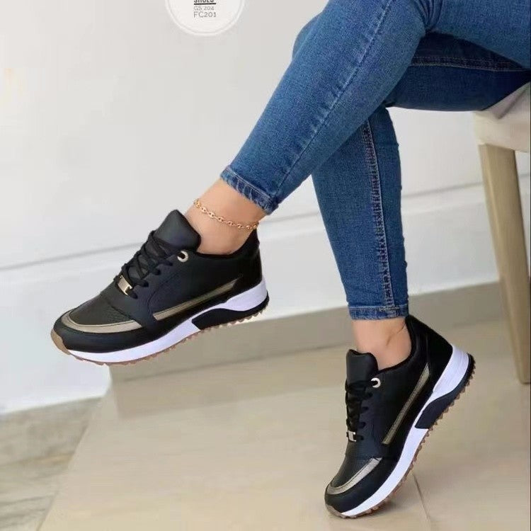 Womens Leather Breathable Lace Up Round Toe Walking Shoes
