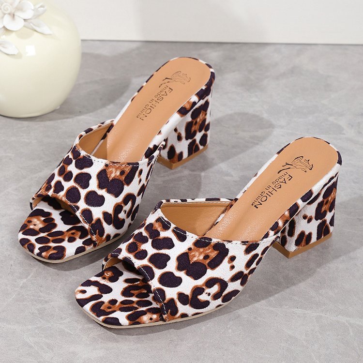Leopard Square Toe Sandals Summer High-heeled Slippers Chunky Heel Shoes Womens