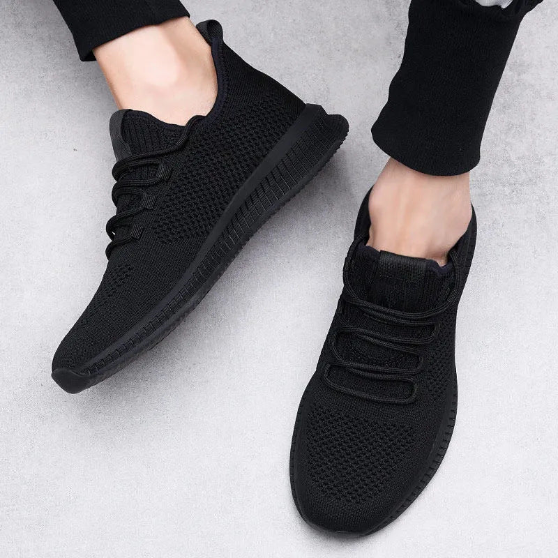Mens Breathable Mesh Low Top Lace Up Round Toe Black Trainers
