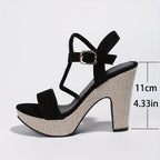 Womens Block Heel Buckle Strap Peep Toe Sandals
