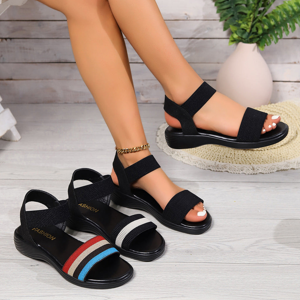 Color-block Elastic Sandals Summer Fish Mouth Flat Shoes Womens