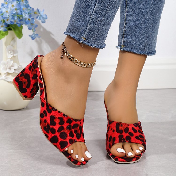 Leopard Square Toe Sandals Summer High-heeled Slippers Chunky Heel Shoes Womens