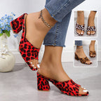 Leopard Square Toe Sandals Summer High-heeled Slippers Chunky Heel Shoes Womens