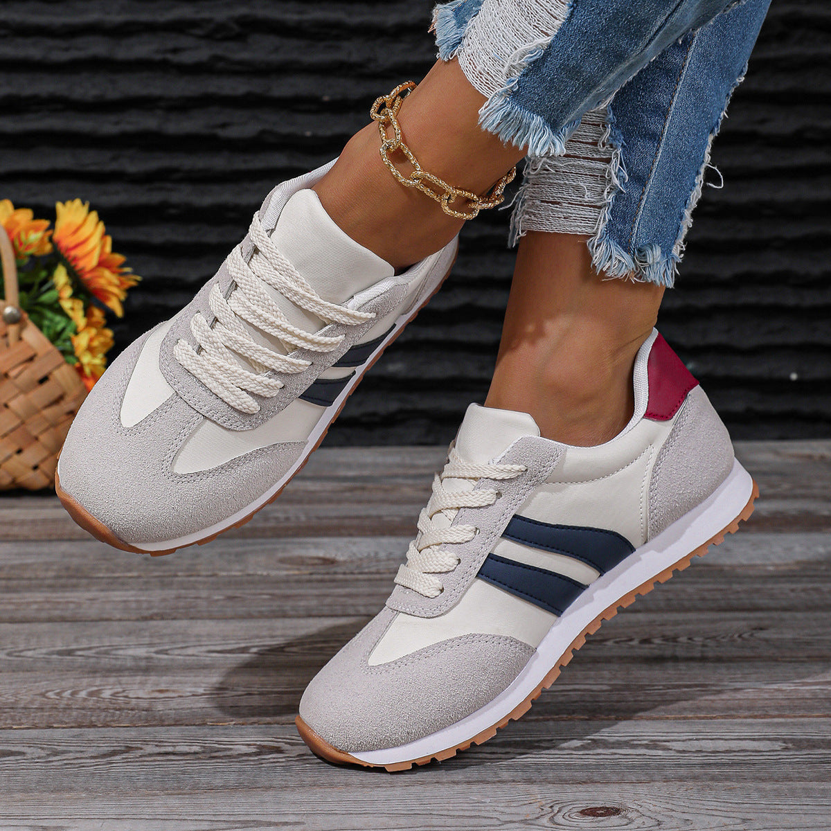 Womens Leather Lace Up Round Toe Running Trainers