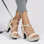 Womens Block Heel Buckle Strap Peep Toe Sandals