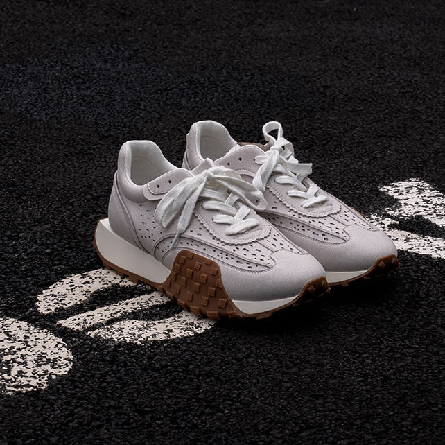 Leather Non Slip Breathable Thick Sole Grey Trainers