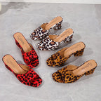 Leopard Square Toe Sandals Summer High-heeled Slippers Chunky Heel Shoes Womens