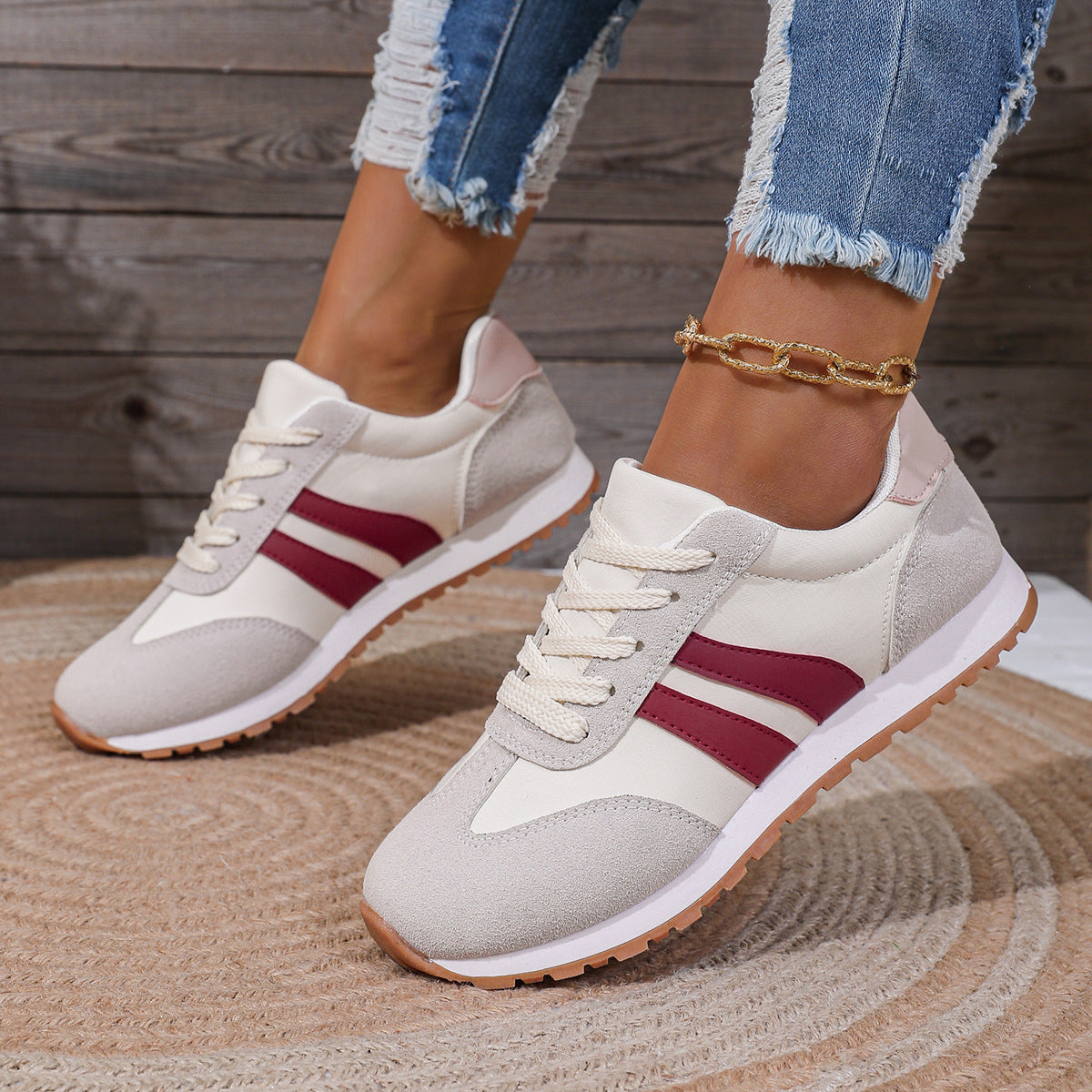 Womens Leather Lace Up Round Toe Running Trainers