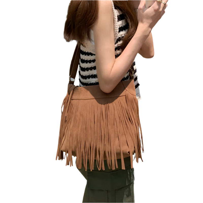 Dark Brown Tassel Retro Crossbody Shoulder Bag