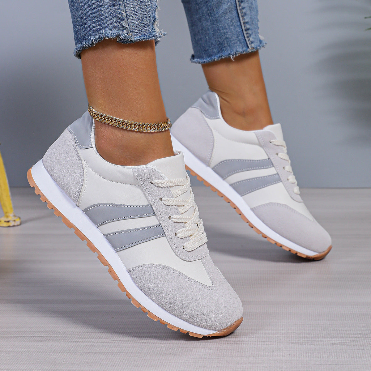 Womens Leather Lace Up Round Toe Running Trainers