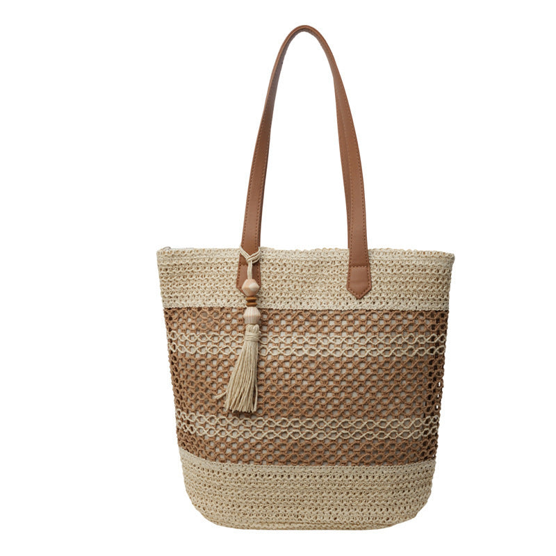 Summer Stripe Straw Shoulder Beach Bag With Tassel