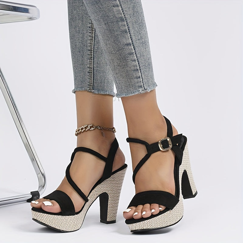 Womens Block Heel Buckle Strap Peep Toe Sandals