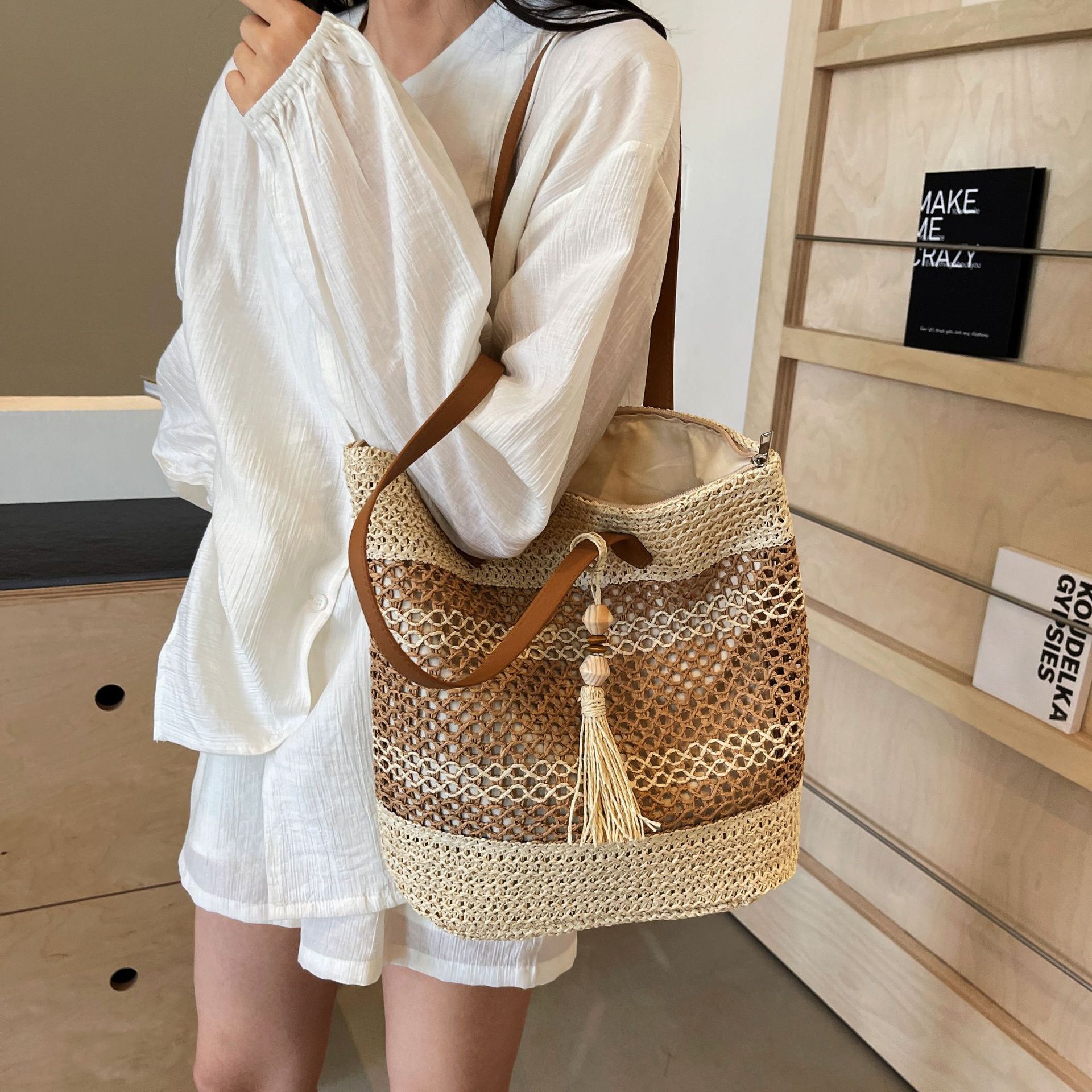Summer Stripe Straw Shoulder Beach Bag With Tassel