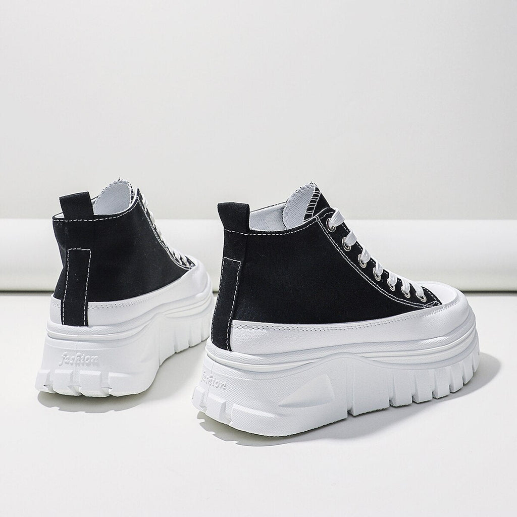 Womens Canvas Height Increasing High Top Lace Up Black Trainers