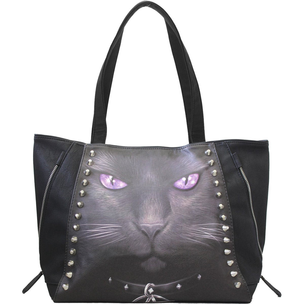 Black Cat Studded PU Leather Tote Bag front view