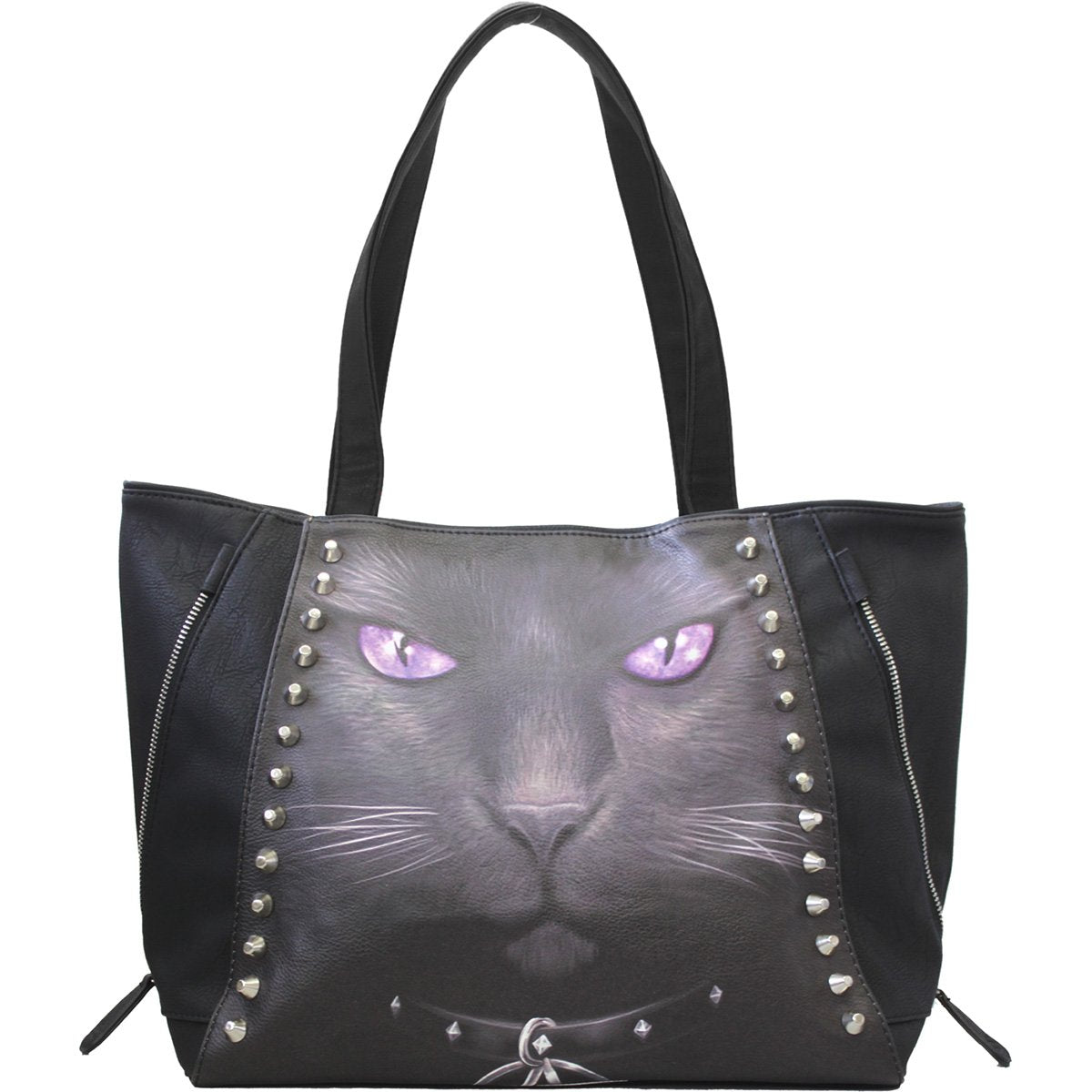 Black Cat Studded PU Leather Tote Bag front view