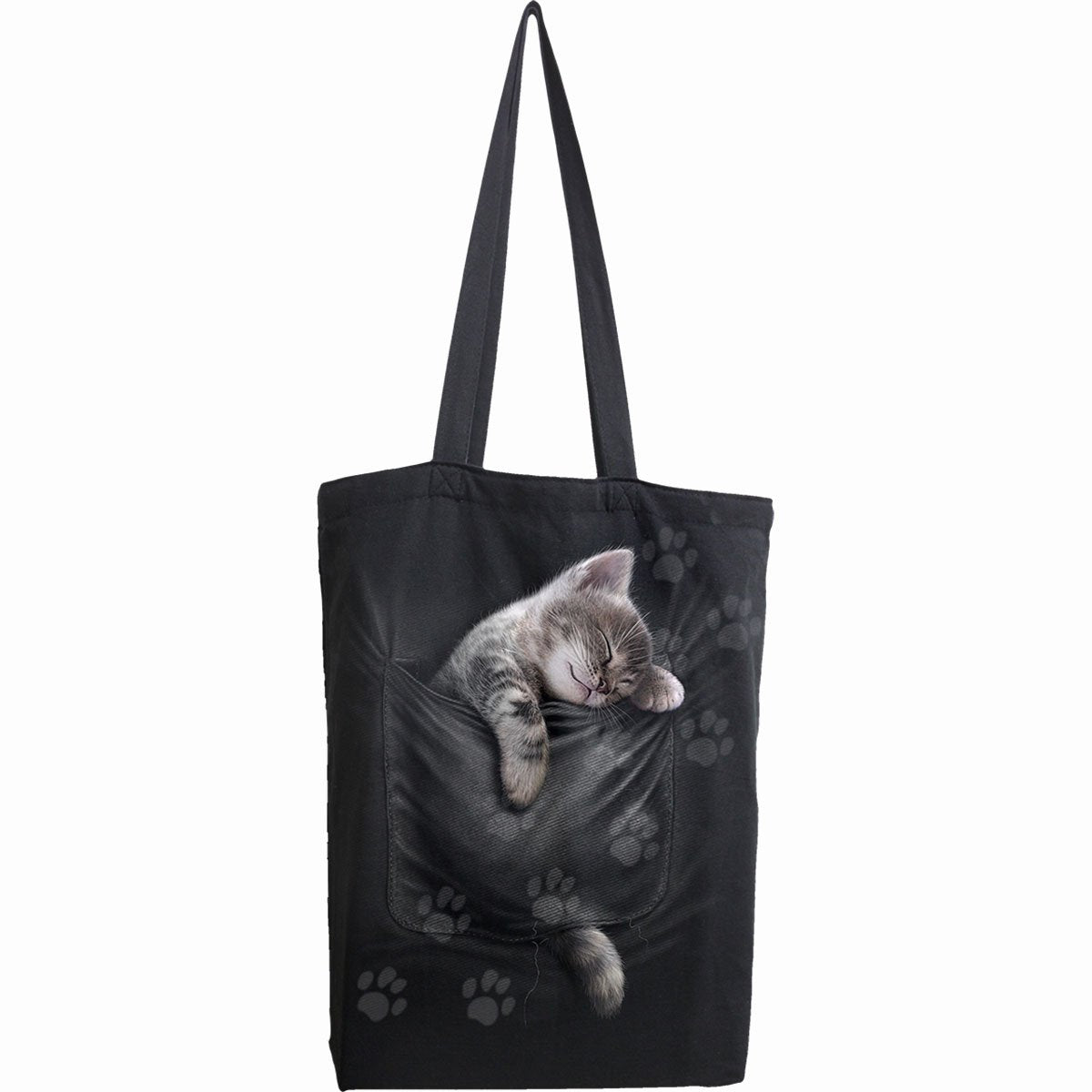 Pocket Kitten Canvas Long Handle Tote Bag front view