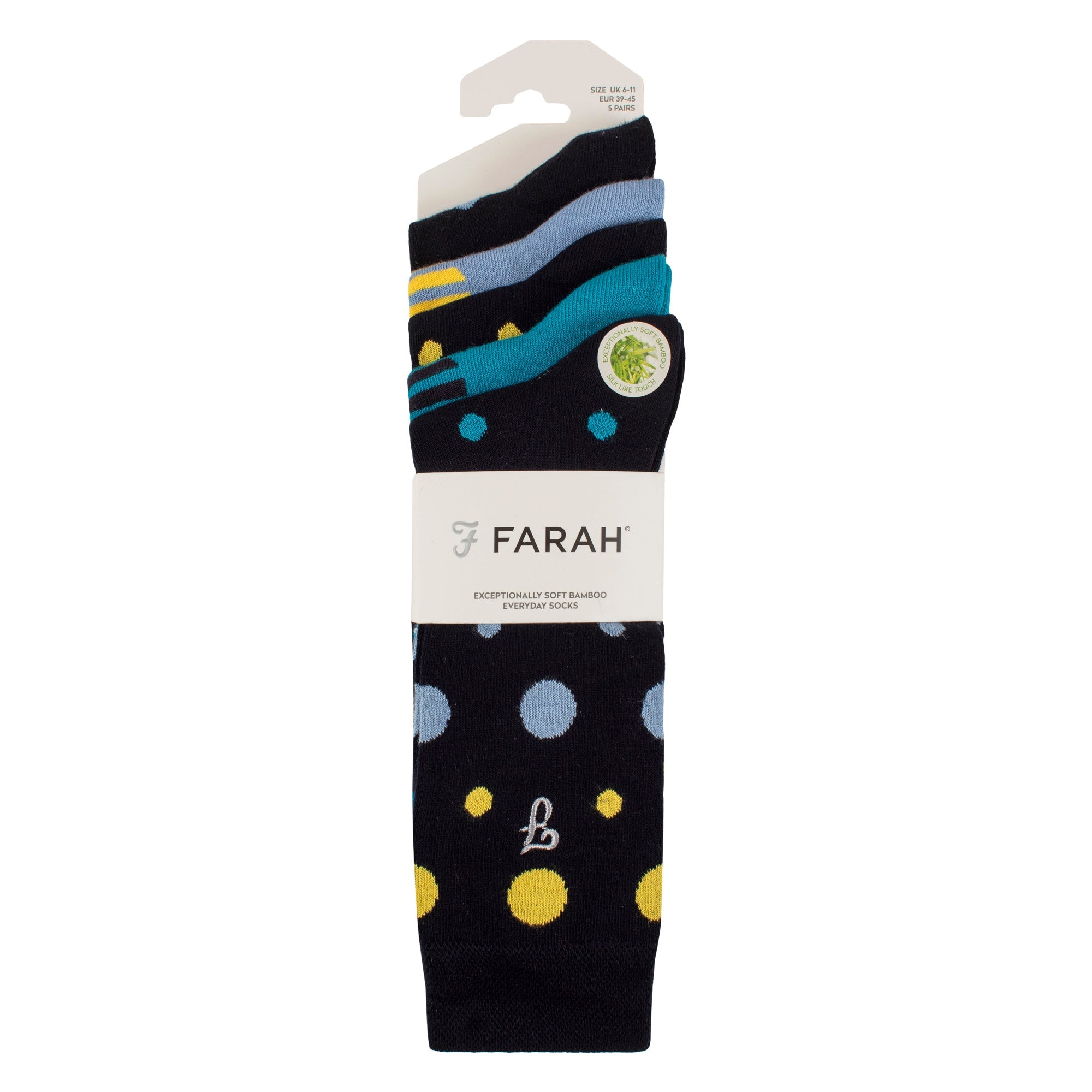 Farah Silver 5 Pack Mens Bamboo Patterned Socks
