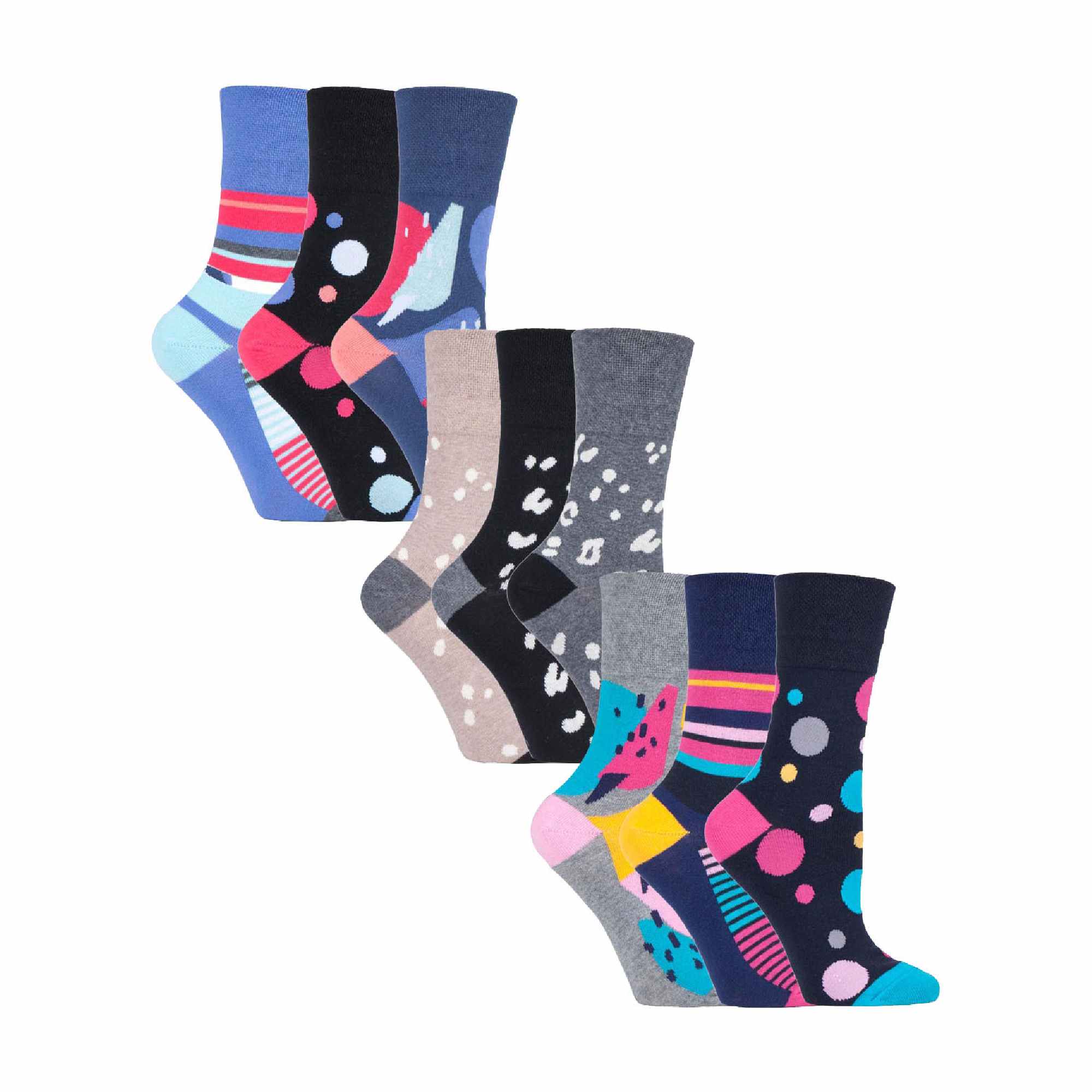 Gentle Grip Womens 9 Pack Non-Binding Cotton Crew Socks with Stripes Patterned