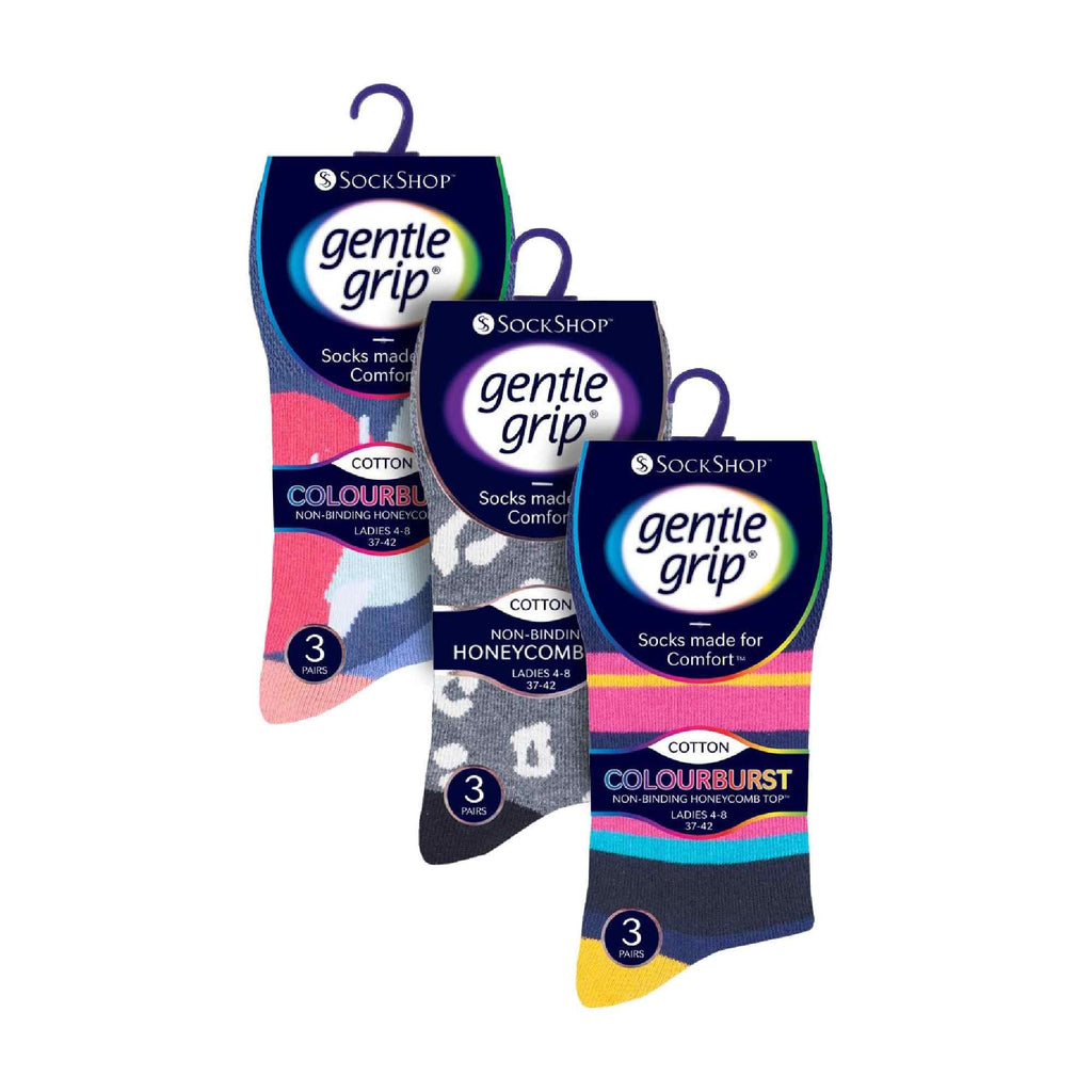 Gentle Grip Womens 9 Pack Non-Binding Cotton Crew Socks with Stripes Patterned