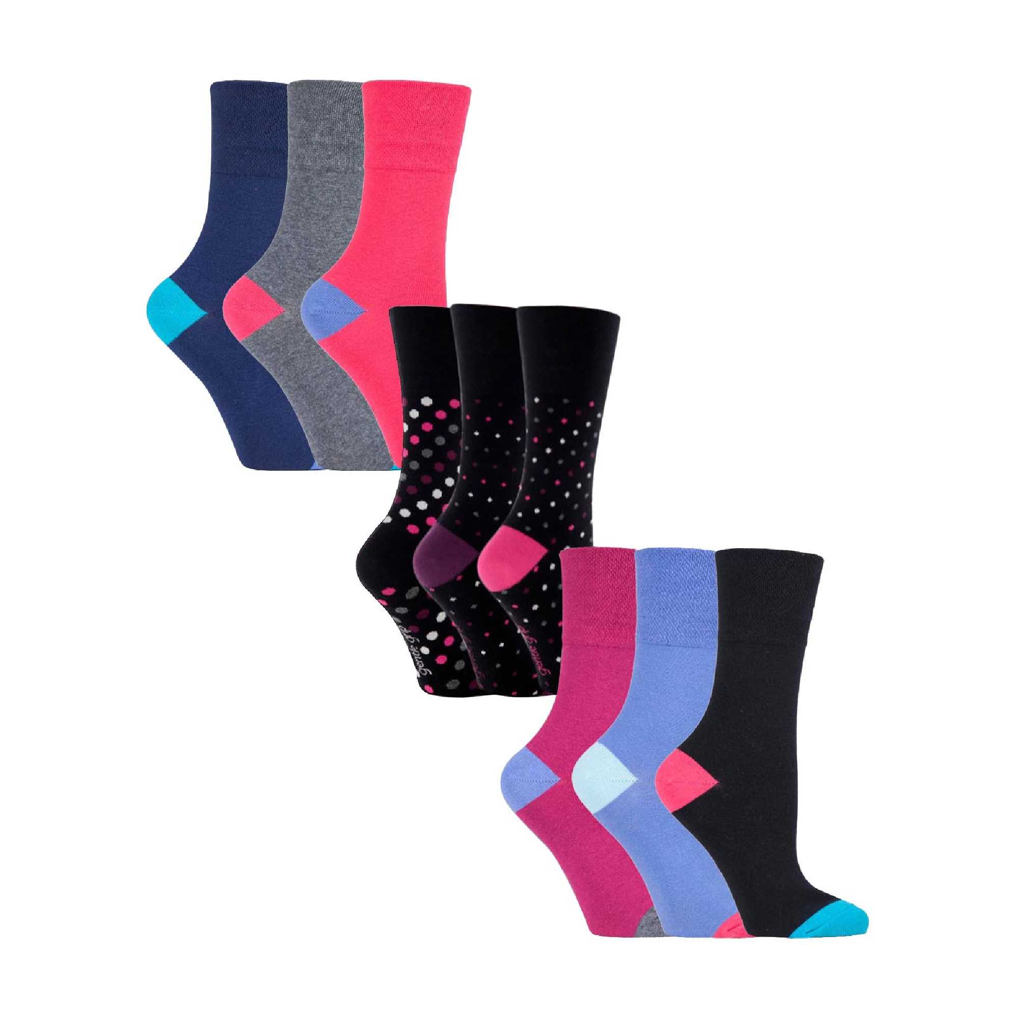 Gentle Grip Womens 9 Pack Non-Binding Cotton Crew Socks with Stripes Patterned