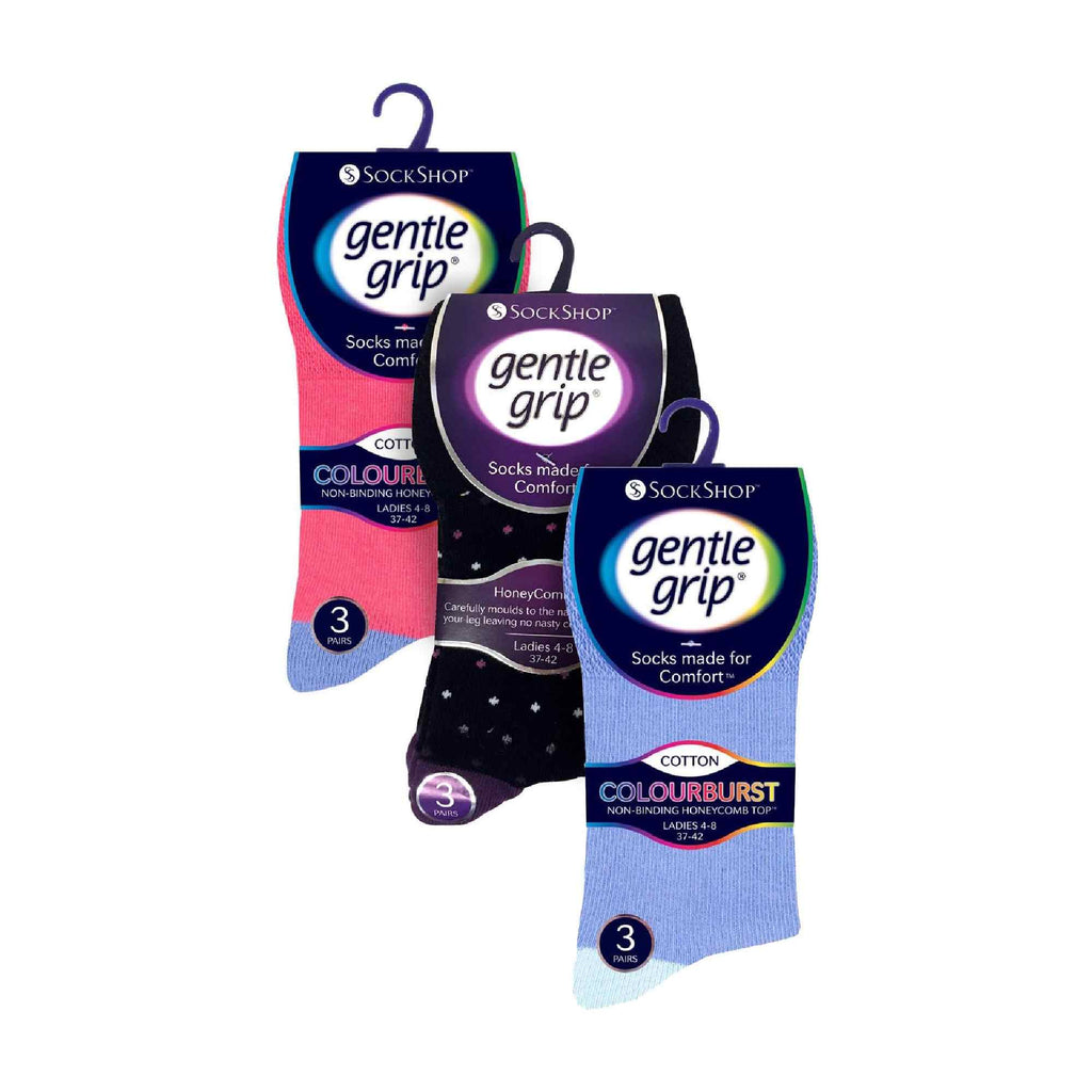 Gentle Grip Womens 9 Pack Non-Binding Cotton Crew Socks with Stripes Patterned