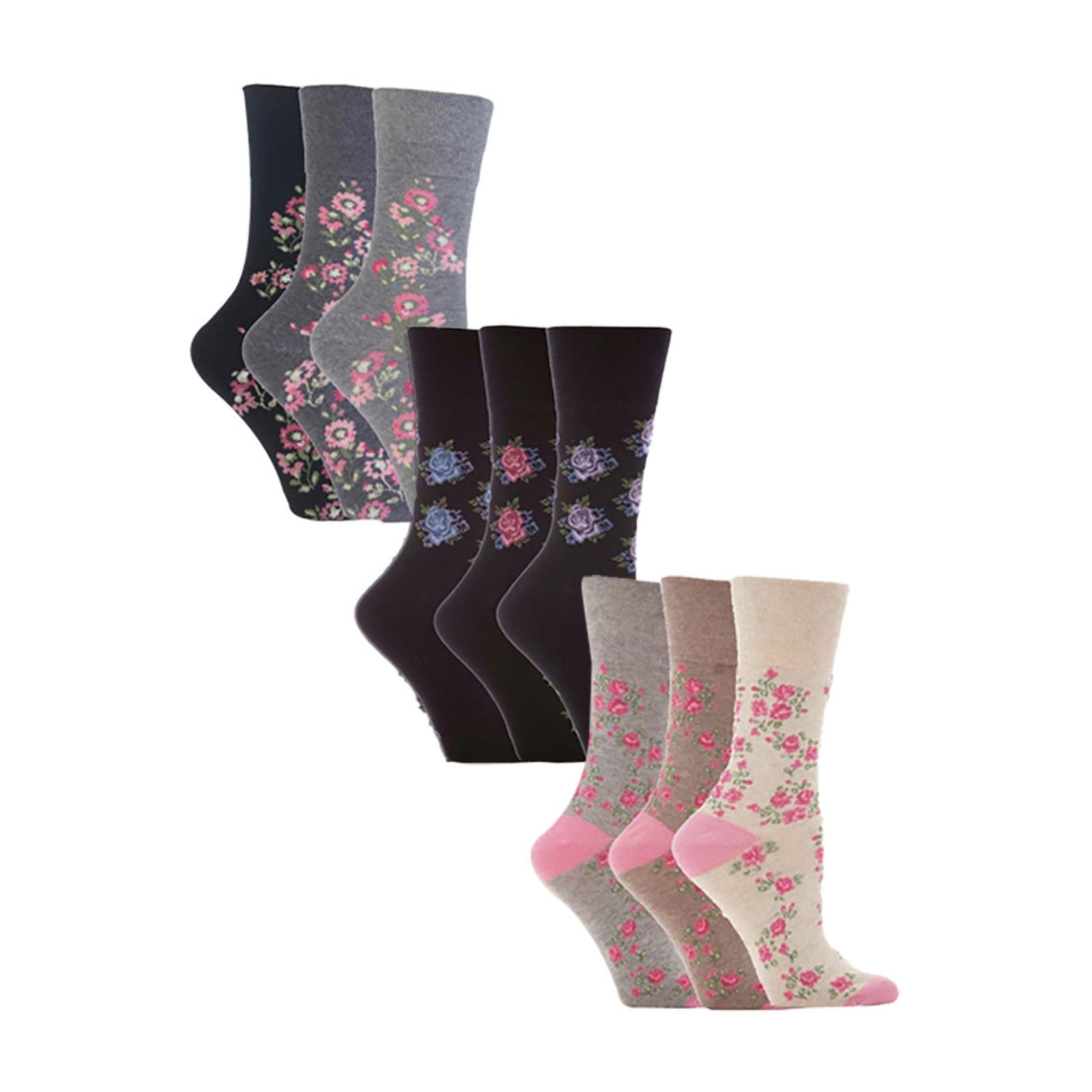 Gentle Grip Womens 9 Pack Non-Binding Cotton Crew Socks with Stripes Patterned