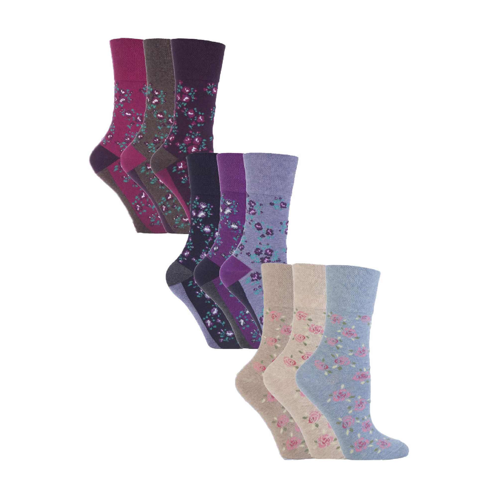 Gentle Grip Womens 9 Pack Non-Binding Cotton Crew Socks with Stripes Patterned