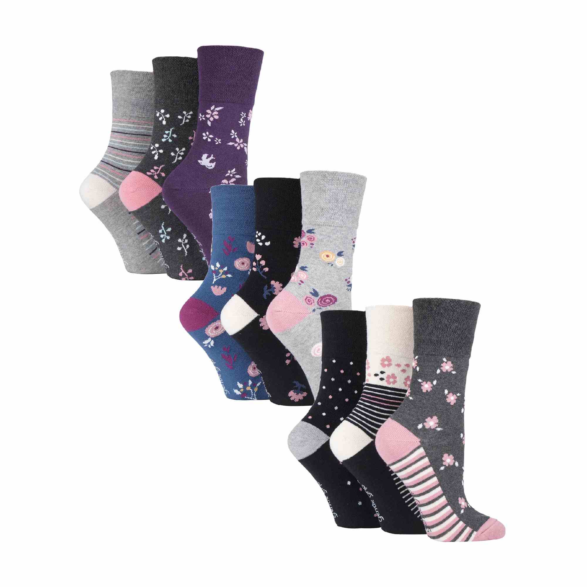 Gentle Grip Womens 9 Pack Non-Binding Cotton Crew Socks with Stripes Patterned
