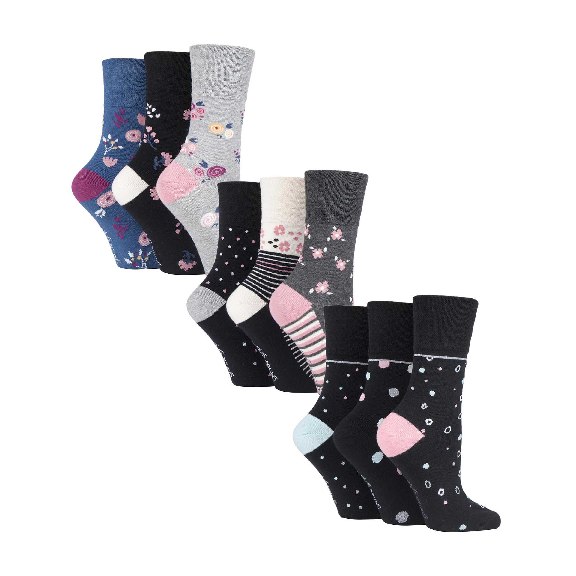 Gentle Grip Womens 9 Pack Non-Binding Cotton Crew Socks with Stripes Patterned