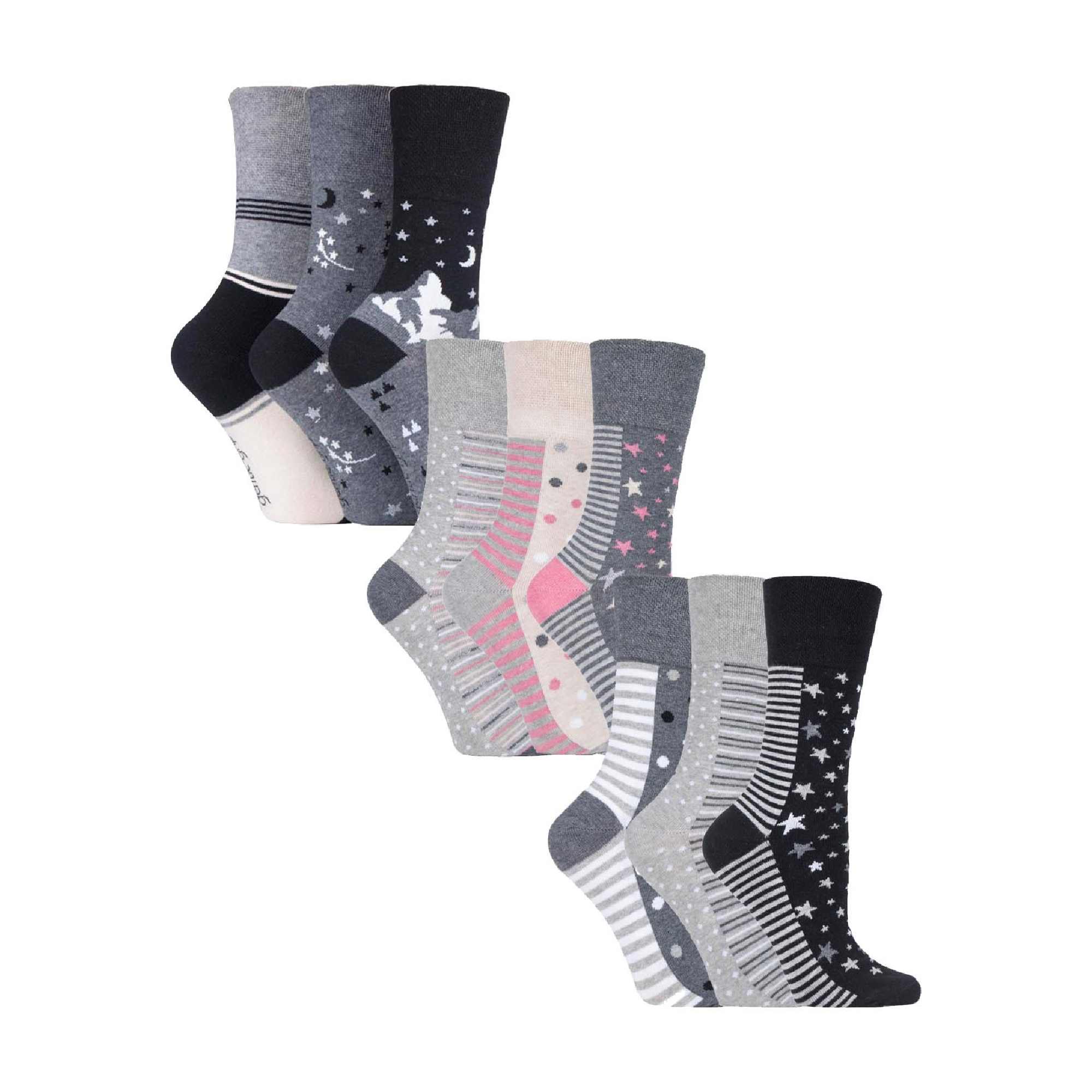 Gentle Grip Womens 9 Pack Non-Binding Cotton Crew Socks with Stripes Patterned