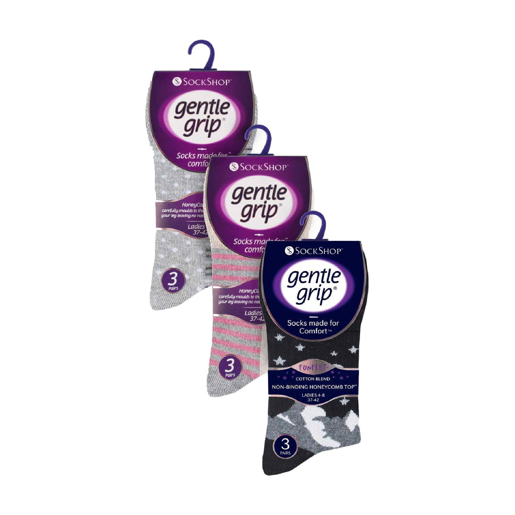 Gentle Grip Womens 9 Pack Non-Binding Cotton Crew Socks with Stripes Patterned