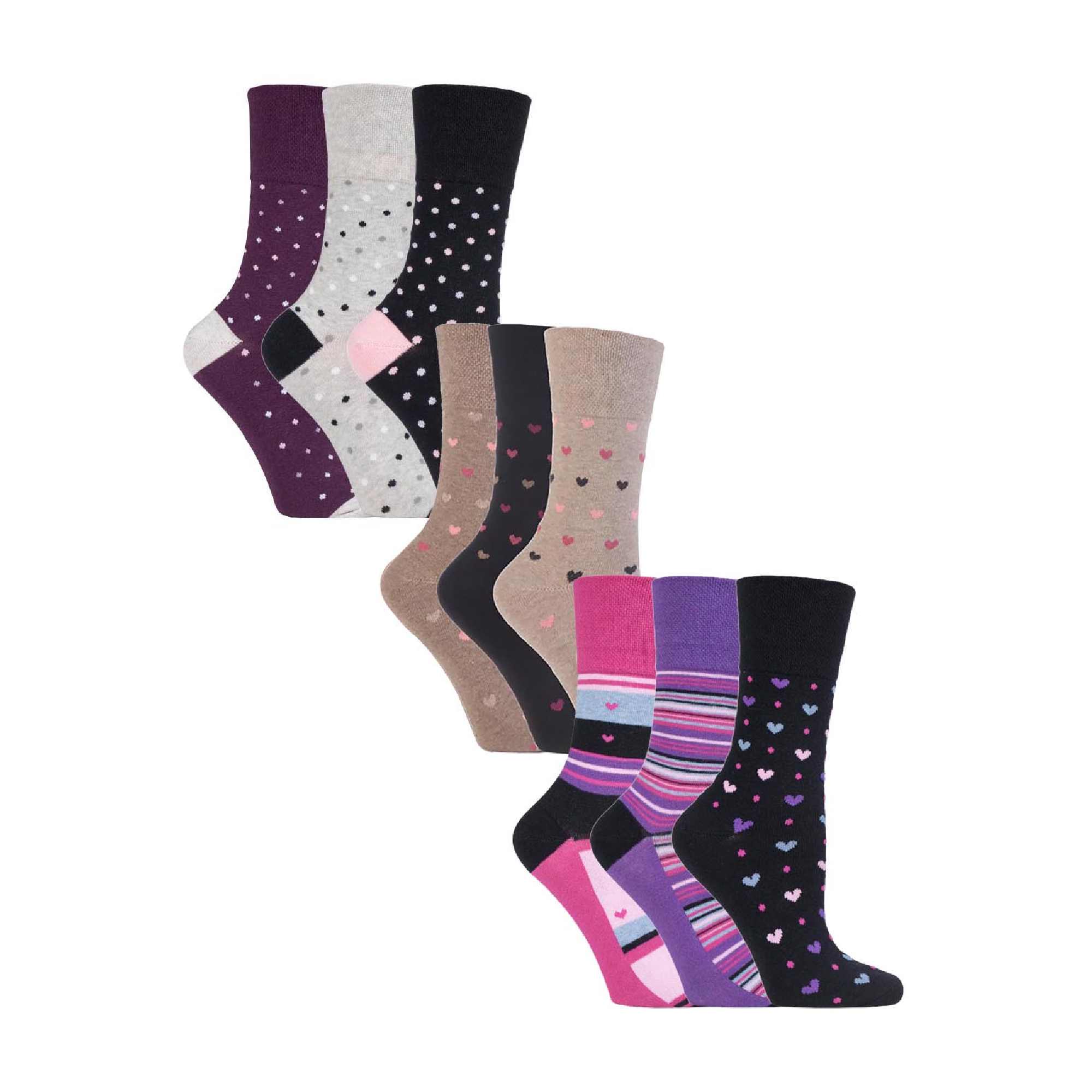 Gentle Grip Womens 9 Pack Non-Binding Cotton Crew Socks with Stripes Patterned