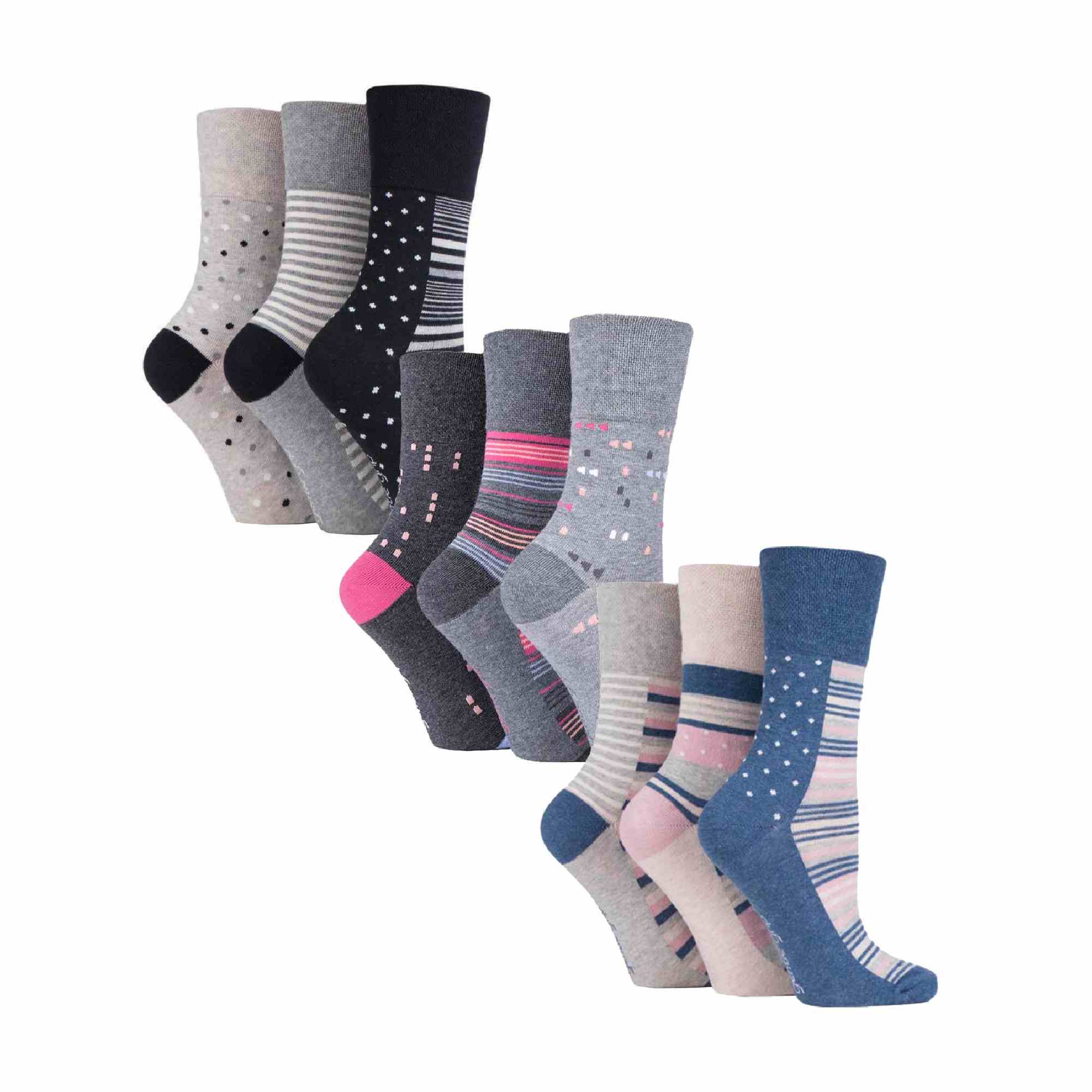 Gentle Grip Womens 9 Pack Non-Binding Cotton Crew Socks with Stripes Patterned