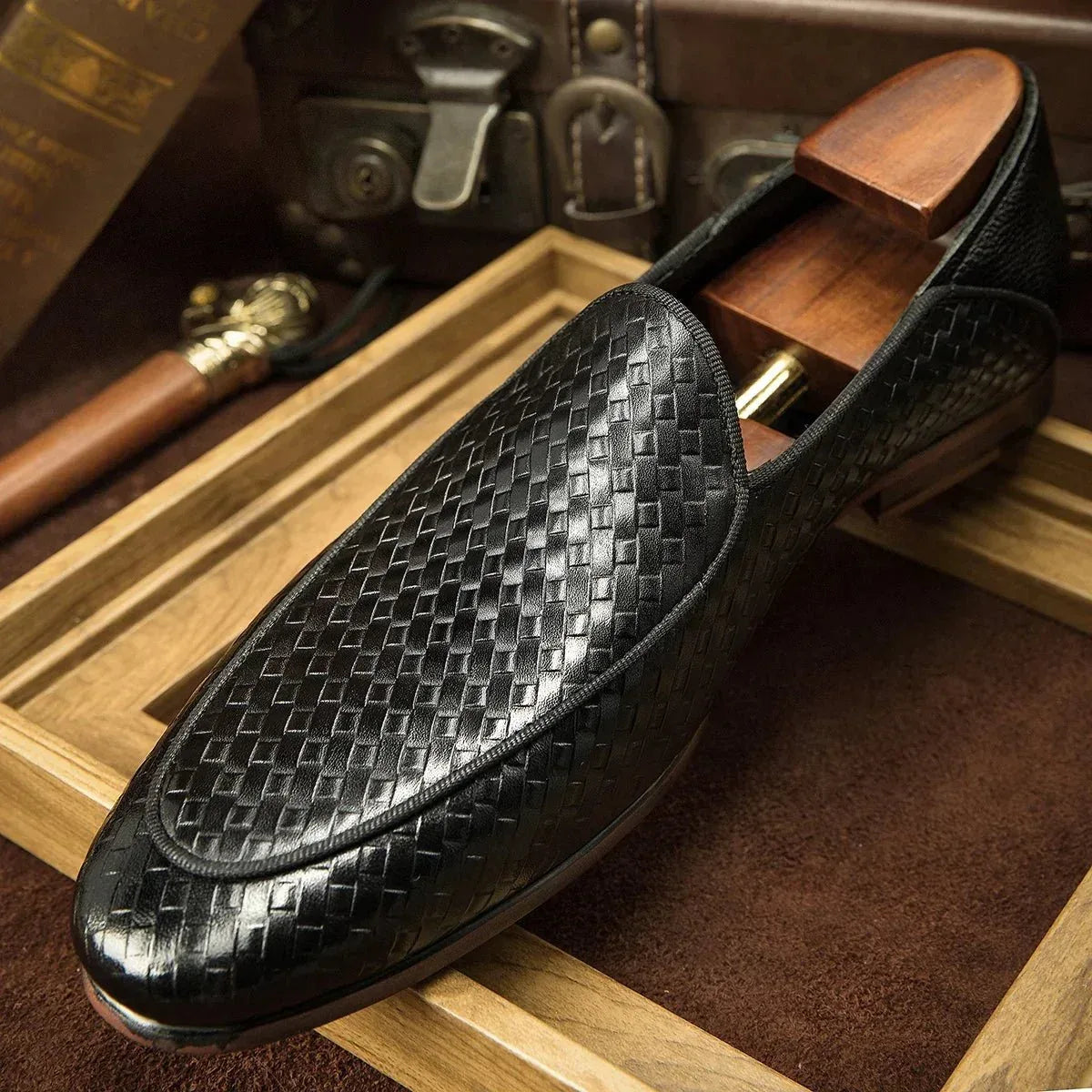 Mens Black Genuine Leather Slip On Loafers
