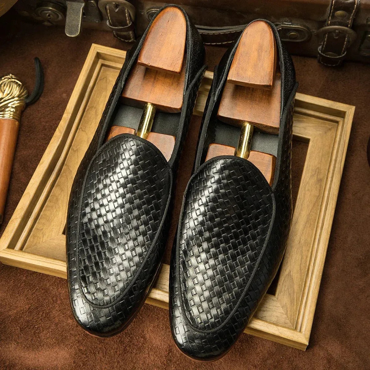 Mens Black Genuine Leather Slip On Loafers