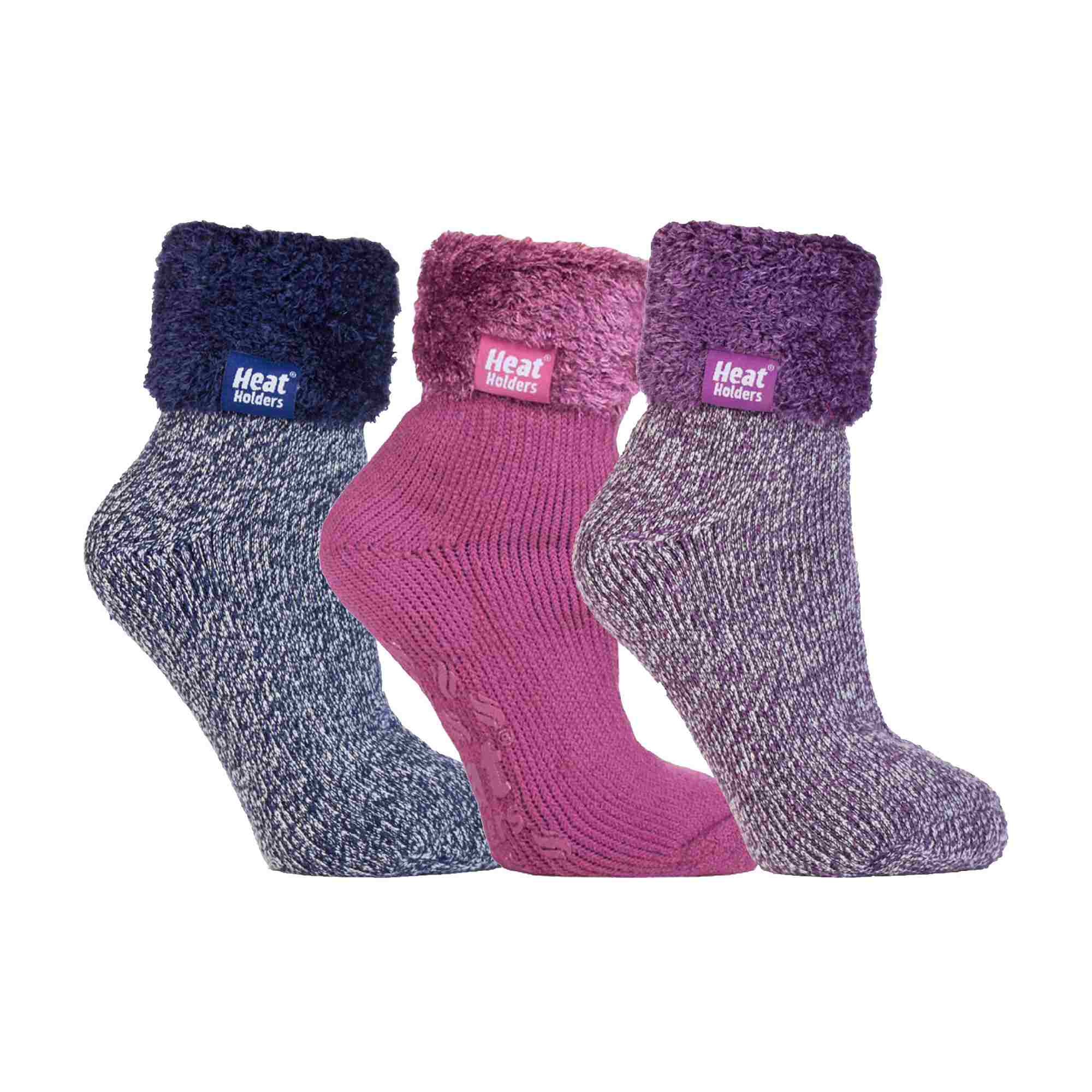 HEAT HOLDERS Womens 3 Pair Multipack Fluffy Fleece Slipper Bed Socks with Non Slip Grips