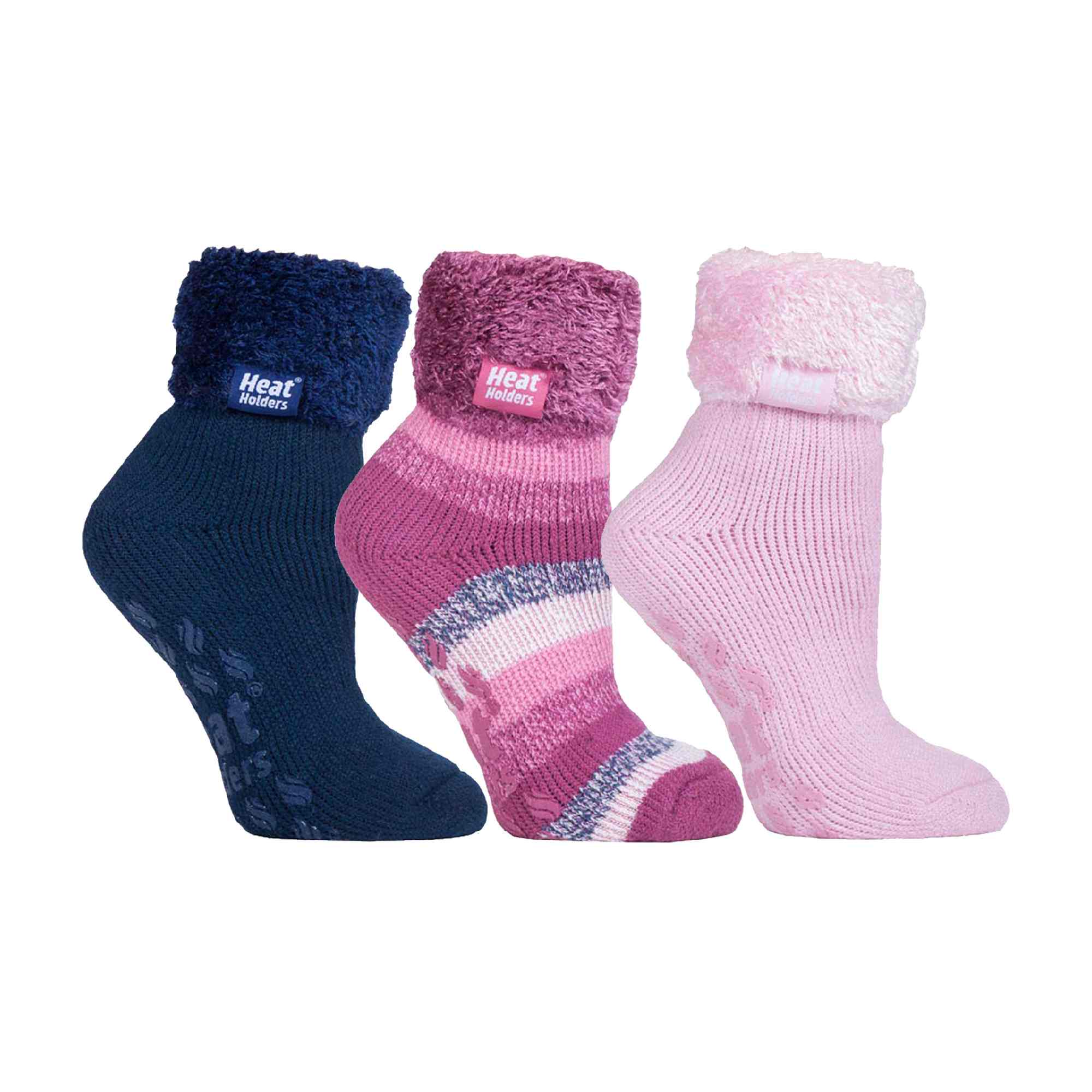 HEAT HOLDERS Womens 3 Pair Multipack Fluffy Fleece Slipper Bed Socks with Non Slip Grips