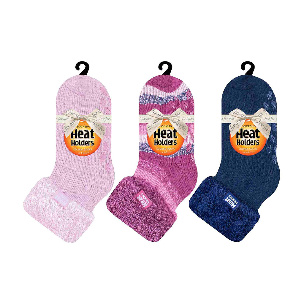 HEAT HOLDERS Womens 3 Pair Multipack Fluffy Fleece Slipper Bed Socks with Non Slip Grips