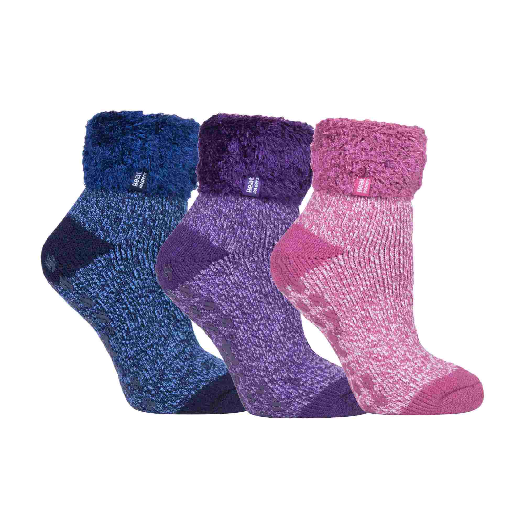 HEAT HOLDERS Womens 3 Pair Multipack Fluffy Fleece Slipper Bed Socks with Non Slip Grips