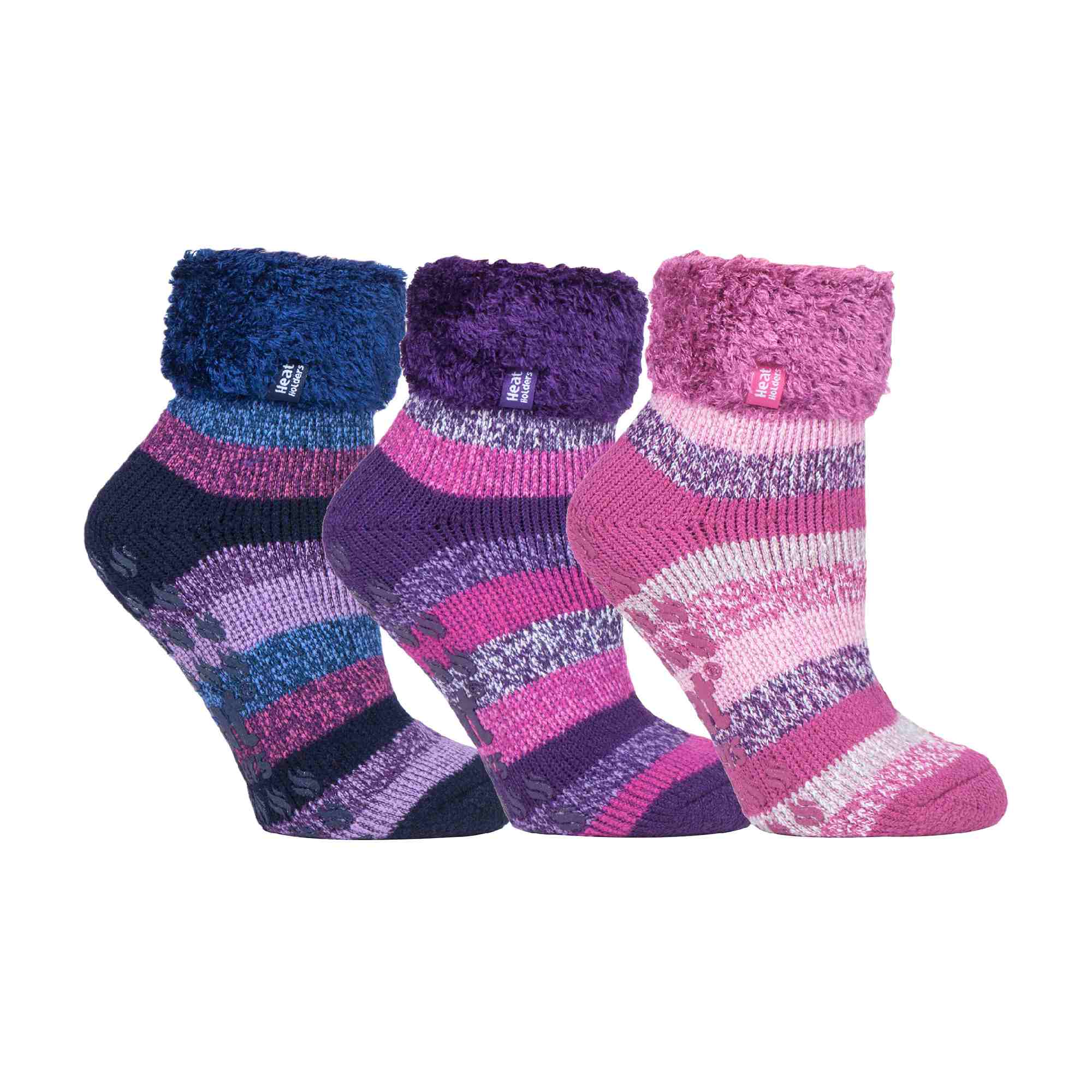 HEAT HOLDERS Womens 3 Pair Multipack Fluffy Fleece Slipper Bed Socks with Non Slip Grips