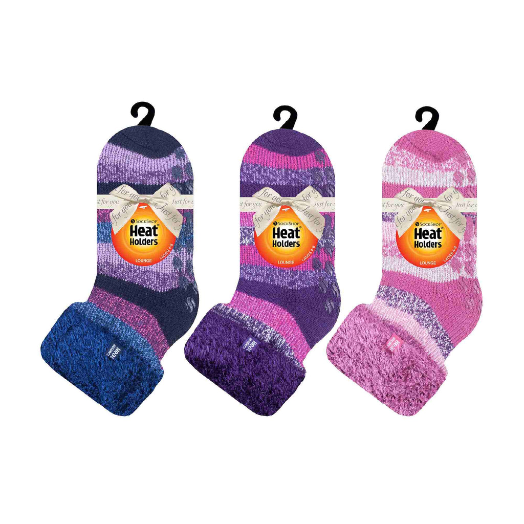 HEAT HOLDERS Womens 3 Pair Multipack Fluffy Fleece Slipper Bed Socks with Non Slip Grips