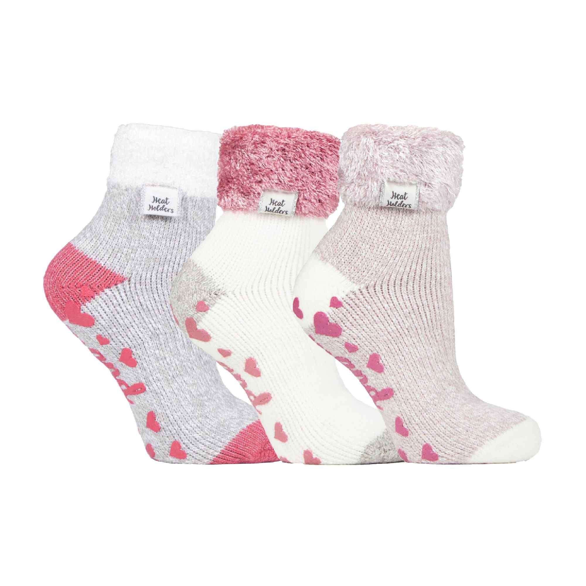 HEAT HOLDERS Womens 3 Pair Multipack Fluffy Fleece Slipper Bed Socks with Non Slip Grips