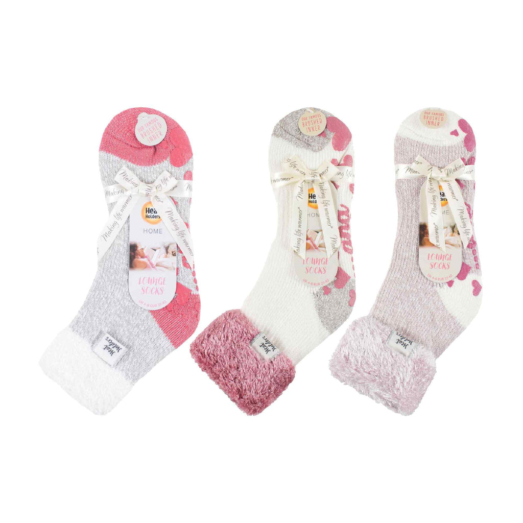 HEAT HOLDERS Womens 3 Pair Multipack Fluffy Fleece Slipper Bed Socks with Non Slip Grips