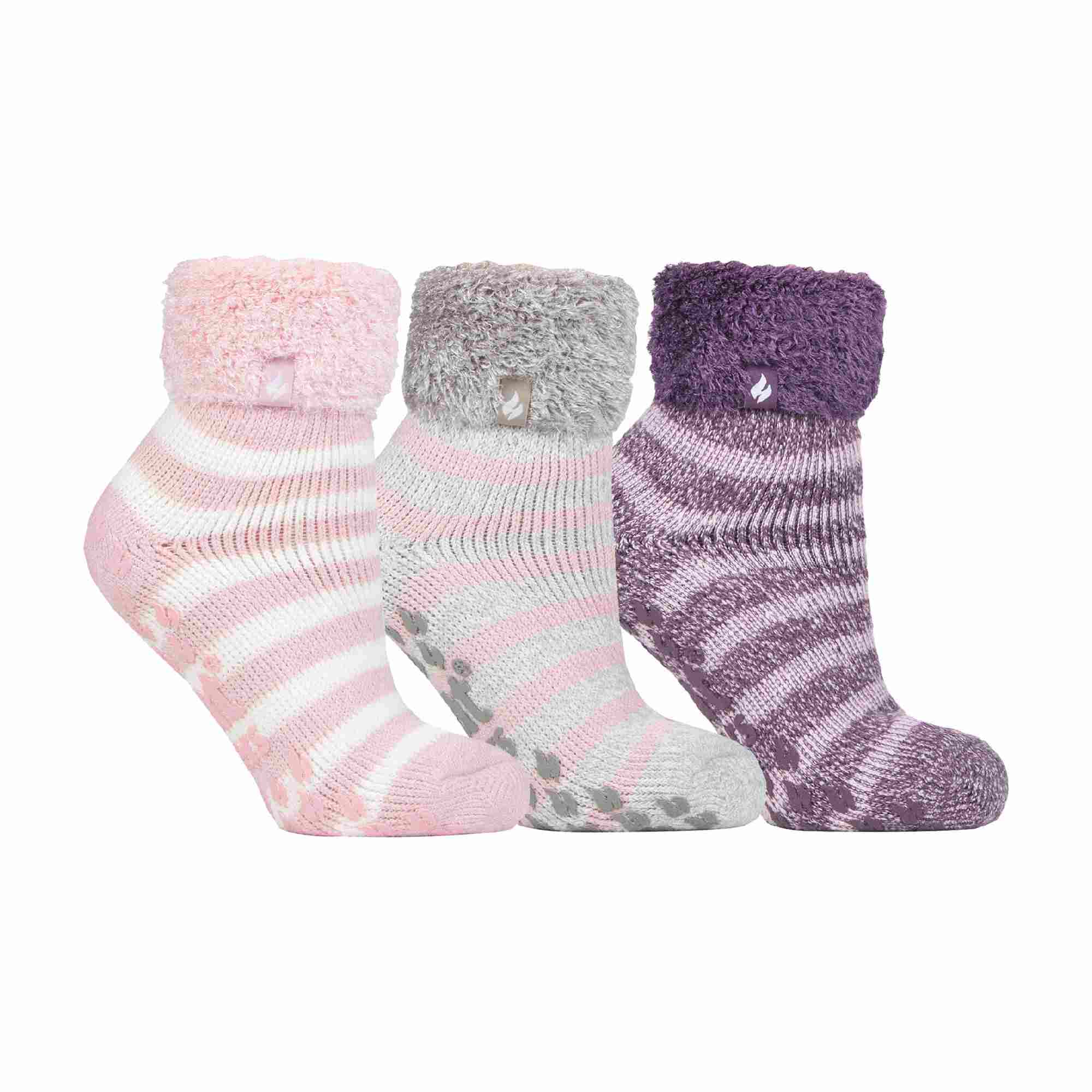 HEAT HOLDERS Womens 3 Pair Multipack Fluffy Fleece Slipper Bed Socks with Non Slip Grips